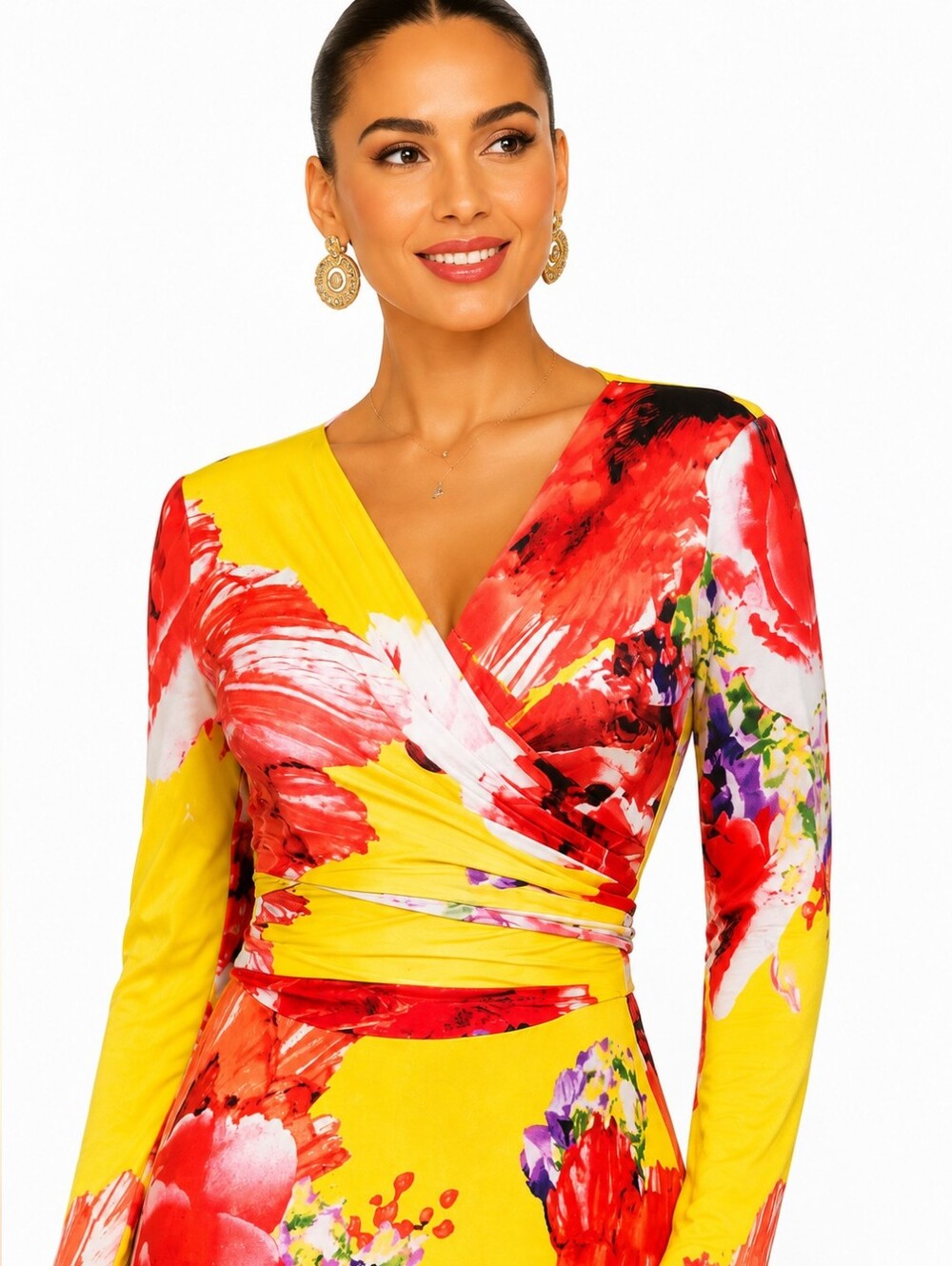DUCCI Floral Tie Front Wrap Maxi Dress Long Sleeve Cutout Stretch Size M - Picture 3 of 10